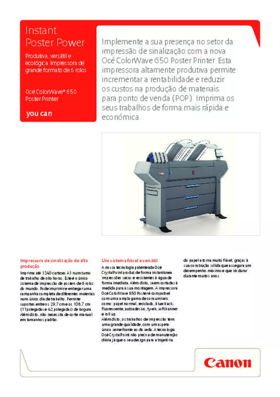 Mode d'emploi CANON OCE COLORWAVE 650 POSTER PRINTER SPECIFICATIONS
