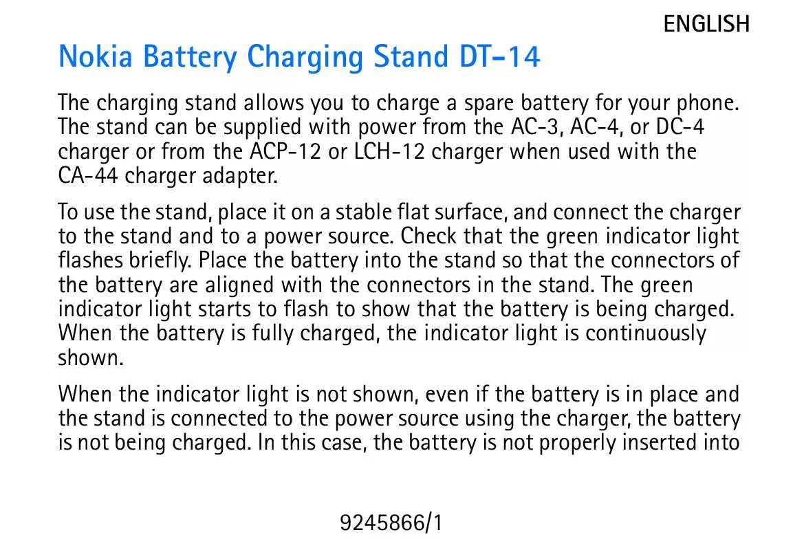 Mode d'emploi NOKIA BATTERY CHARGING STAND DT-14