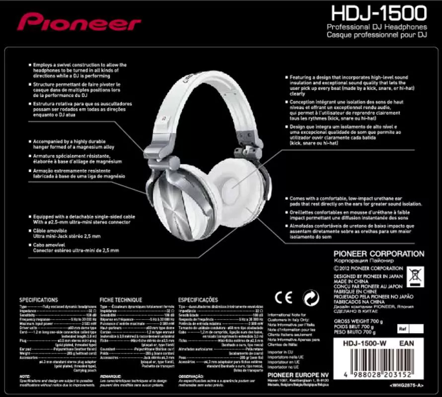 Mode d'emploi PIONEER HDJ-1500-W