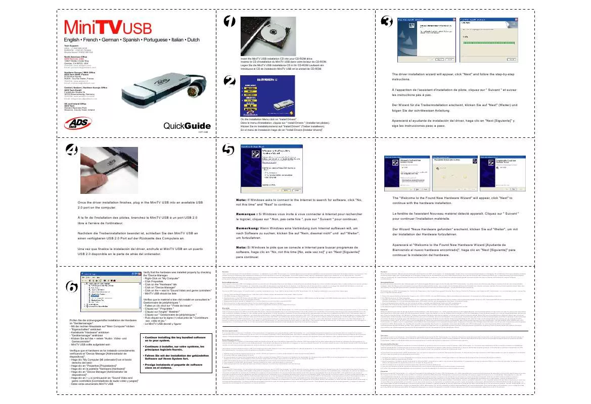 Mode d'emploi ADS TECH MINI TV USB