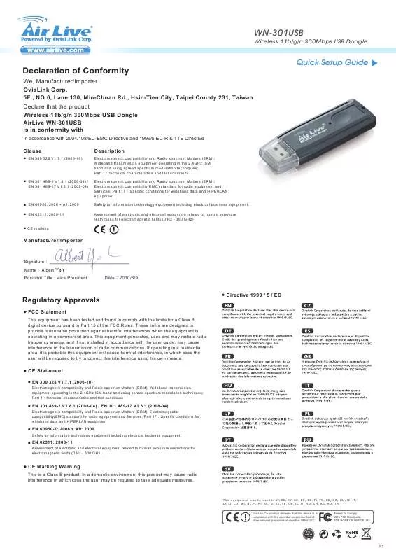 Mode d'emploi AIRLIVE WN-301USB