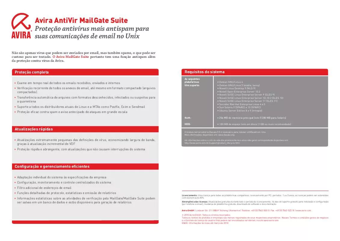 Mode d'emploi AVIRA ANTIVIR MAILGATE SUITE