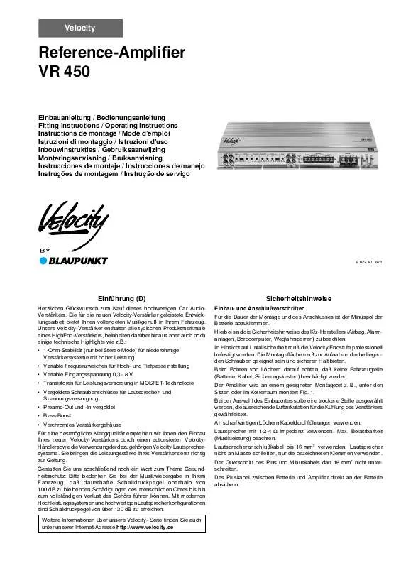 Mode d'emploi BLAUPUNKT VR 450 VELOCITY