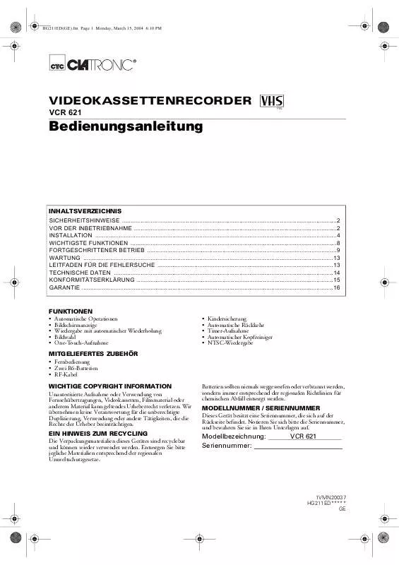 Mode d'emploi CLATRONIC VCR 621