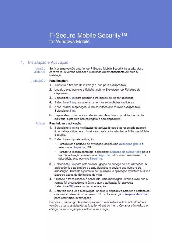 Mode d'emploi F-SECURE MOBILE SECURITY 6 FOR WINDOWS MOBILE