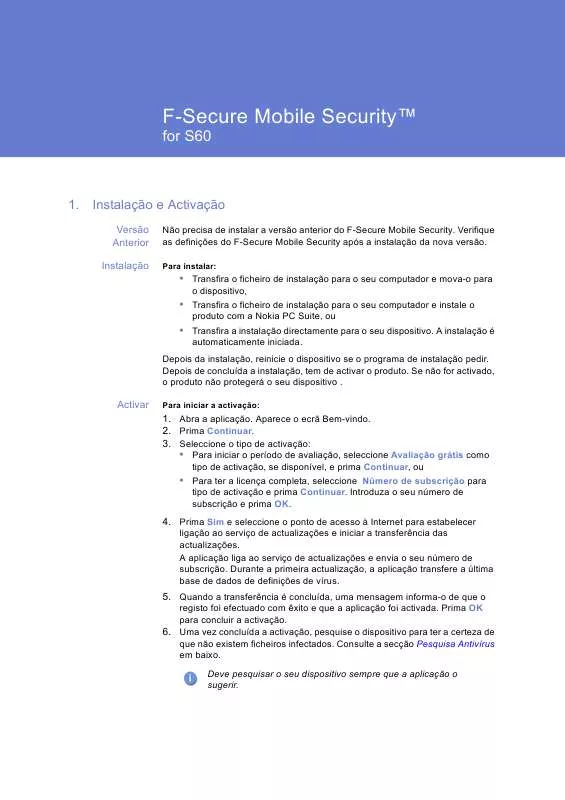 Mode d'emploi F-SECURE MOBILE SECURITY FOR S60