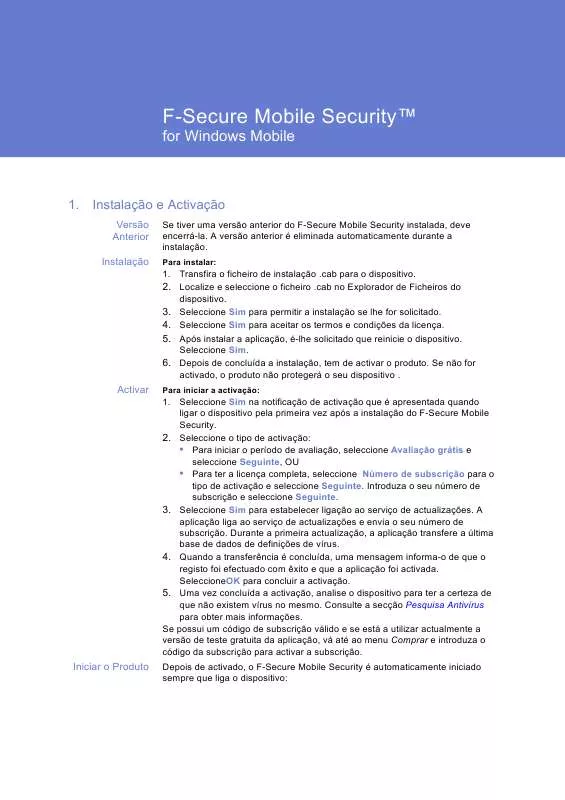 Mode d'emploi F-SECURE MOBILE SECURITY FOR WINDOWS MOBILE