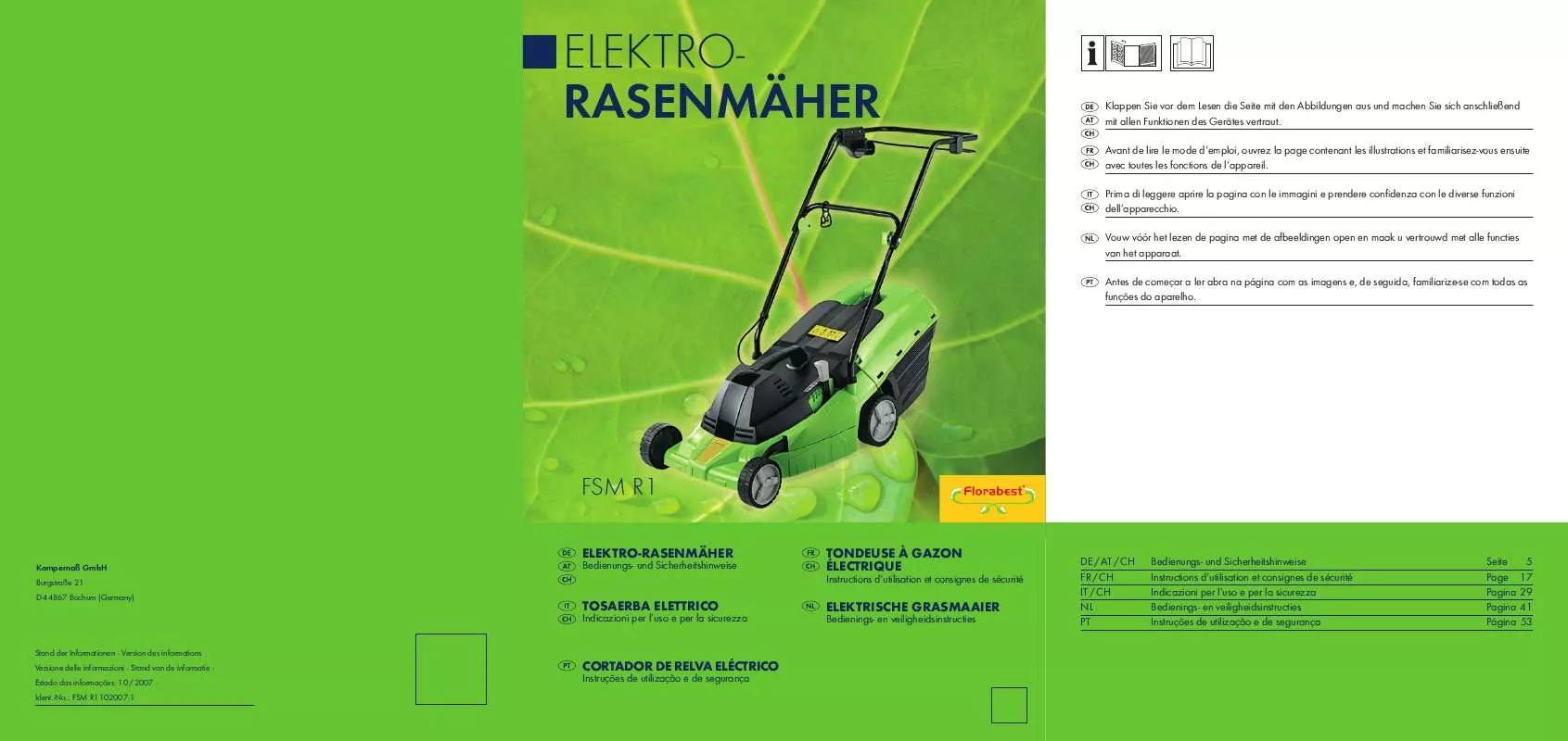 Mode d'emploi FLORABEST KH 3161 / FSM R1 ELECTRIC LAWN MOWER