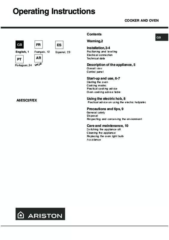 Mode d'emploi HOTPOINT A6ESC2E