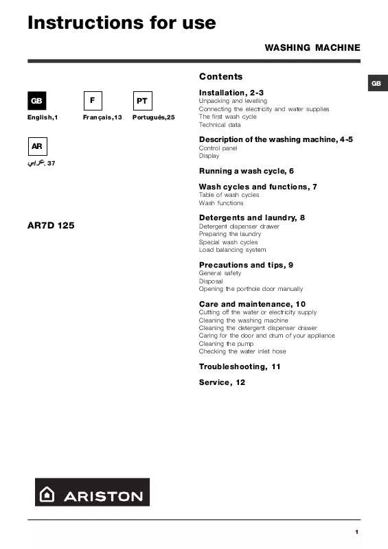 Mode d'emploi HOTPOINT AR7D 125