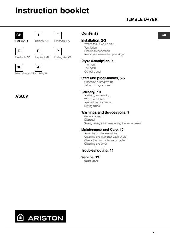 Mode d'emploi HOTPOINT AS60 V