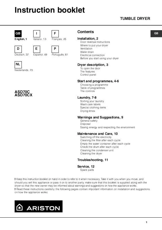 Mode d'emploi HOTPOINT ASD 70 C