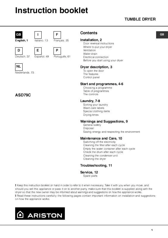 Mode d'emploi HOTPOINT ASD 79 C