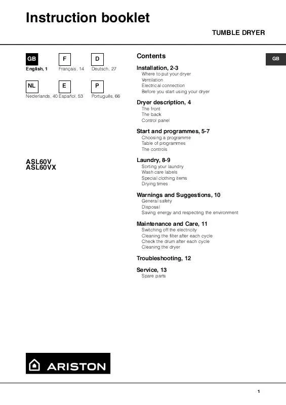 Mode d'emploi HOTPOINT ASL 60 VX