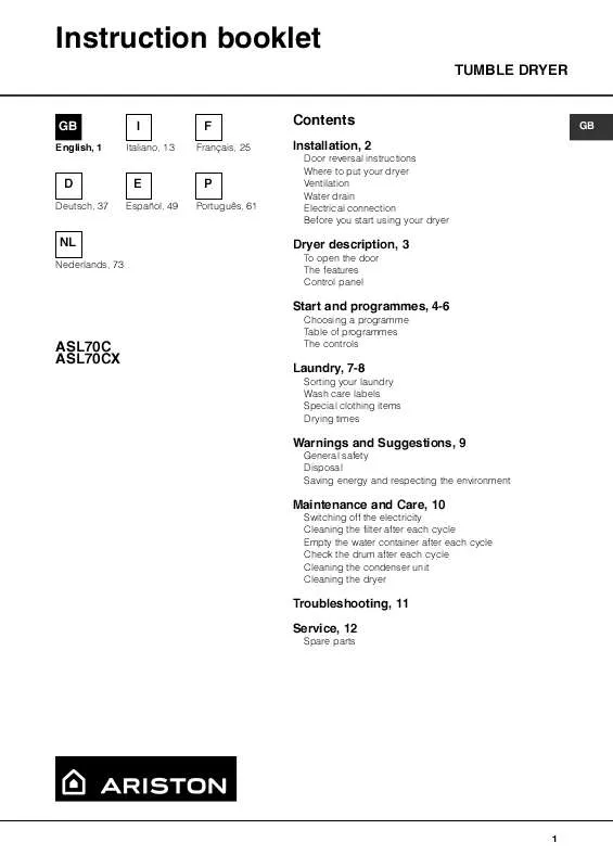 Mode d'emploi HOTPOINT ASL 70 CX