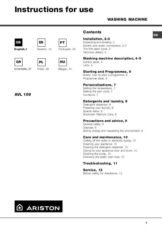 Mode d'emploi HOTPOINT AVL 109