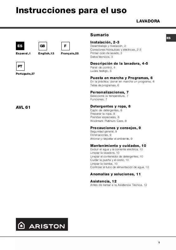 Mode d'emploi HOTPOINT AVL 61