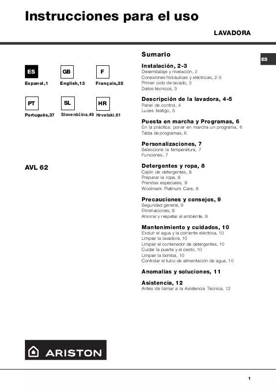 Mode d'emploi HOTPOINT AVL 62