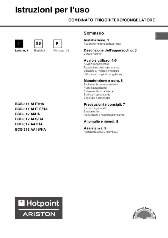 Mode d'emploi HOTPOINT BCB 311 AI IT/HA