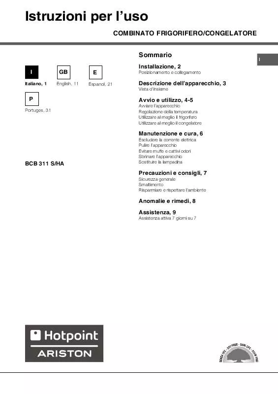 Mode d'emploi HOTPOINT BCB 311 S/HA