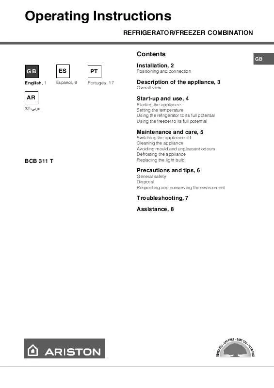 Mode d'emploi HOTPOINT BCB 311 T