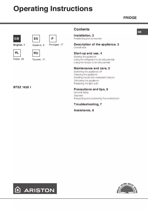 Mode d'emploi HOTPOINT BTSZ 1620 I