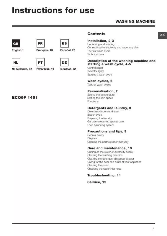 Mode d'emploi HOTPOINT ECO9F 1491