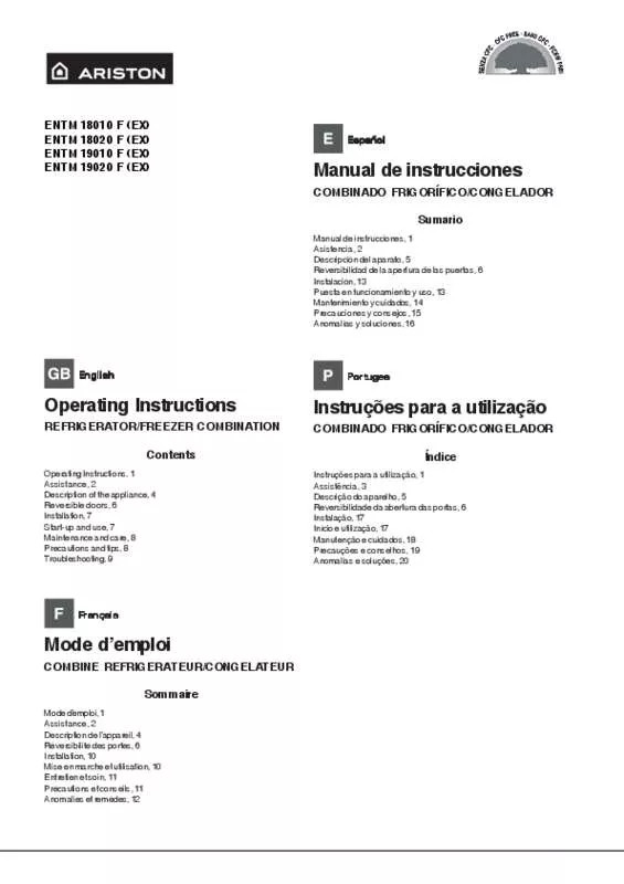 Mode d'emploi HOTPOINT ENTM 18020 F