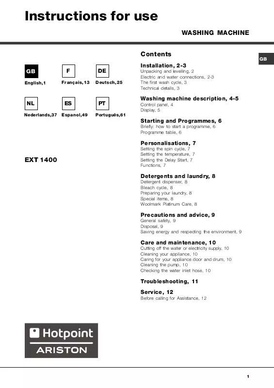 Mode d'emploi HOTPOINT EXT 1400