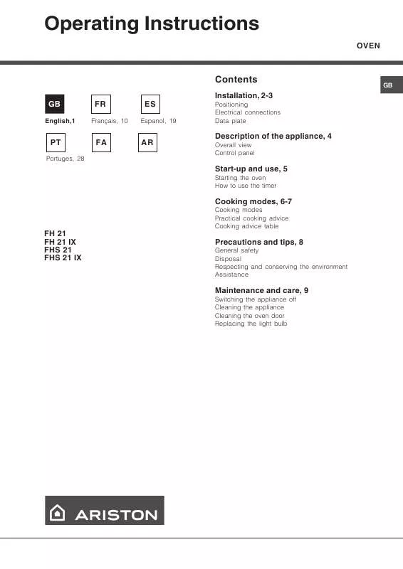 Mode d'emploi HOTPOINT FHS 21 IX