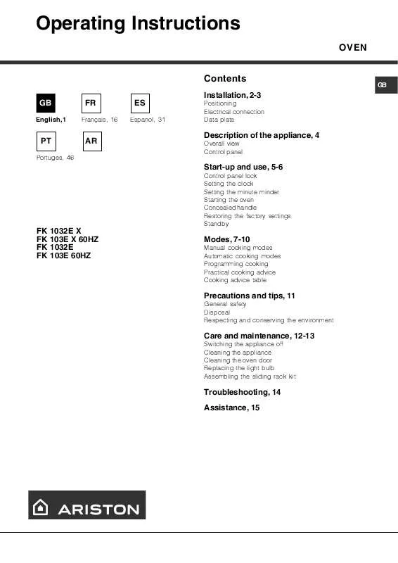 Mode d'emploi HOTPOINT FK 1032E X