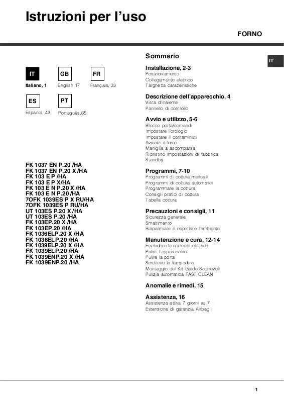 Mode d'emploi HOTPOINT FK 103E P X/HA