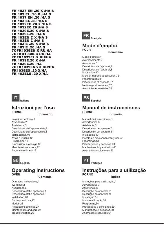 Mode d'emploi HOTPOINT FK 103E.20 X/HA S