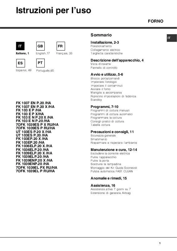 Mode d'emploi HOTPOINT FK 103EN P.20 X/HA