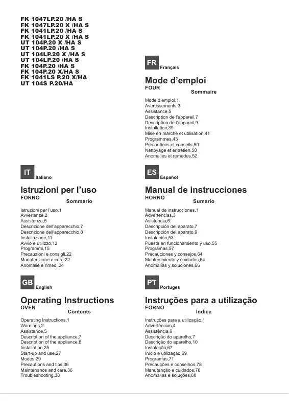 Mode d'emploi HOTPOINT FK 1041LS P.20 X/HA