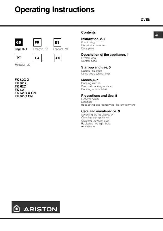 Mode d'emploi HOTPOINT FK 62 C X CN