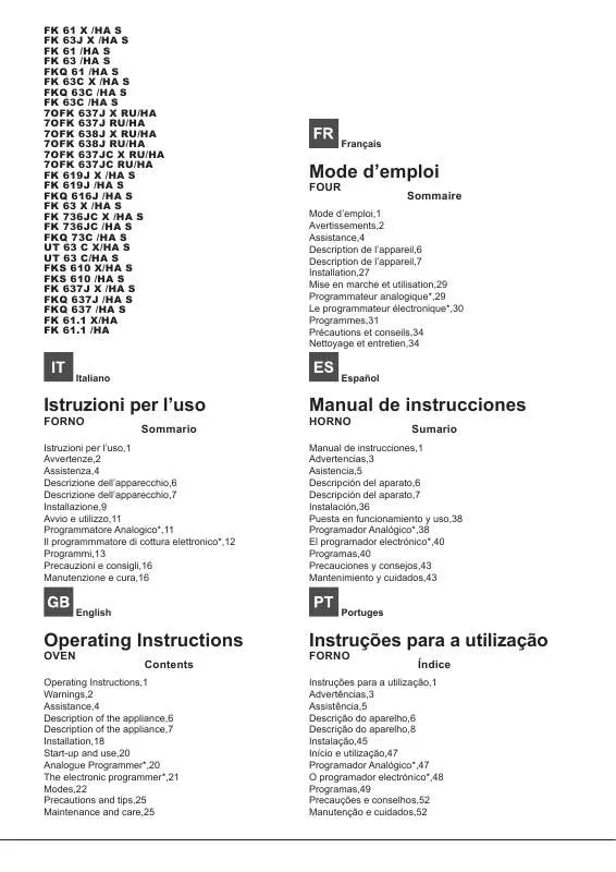 Mode d'emploi HOTPOINT FK 63J X/HA S