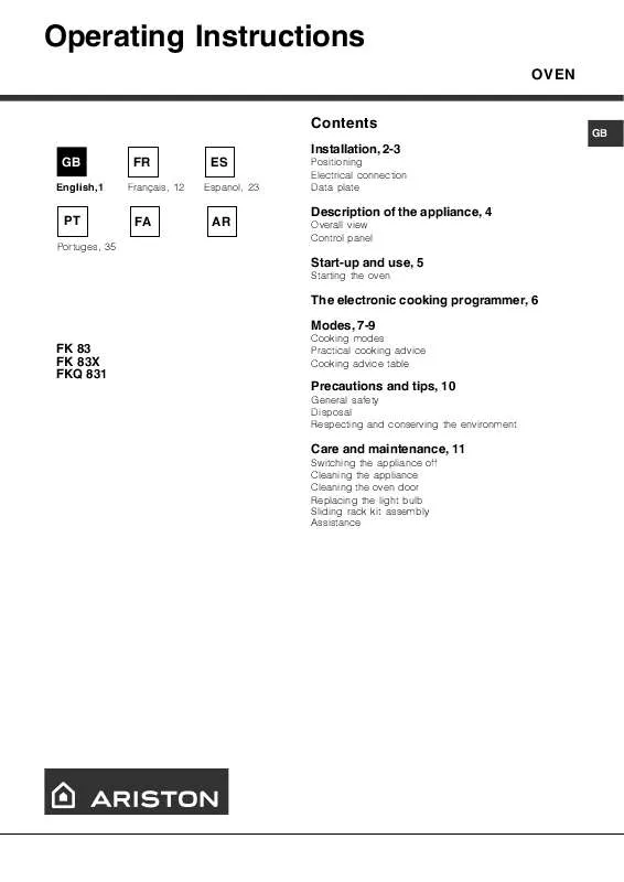 Mode d'emploi HOTPOINT FK 83 X