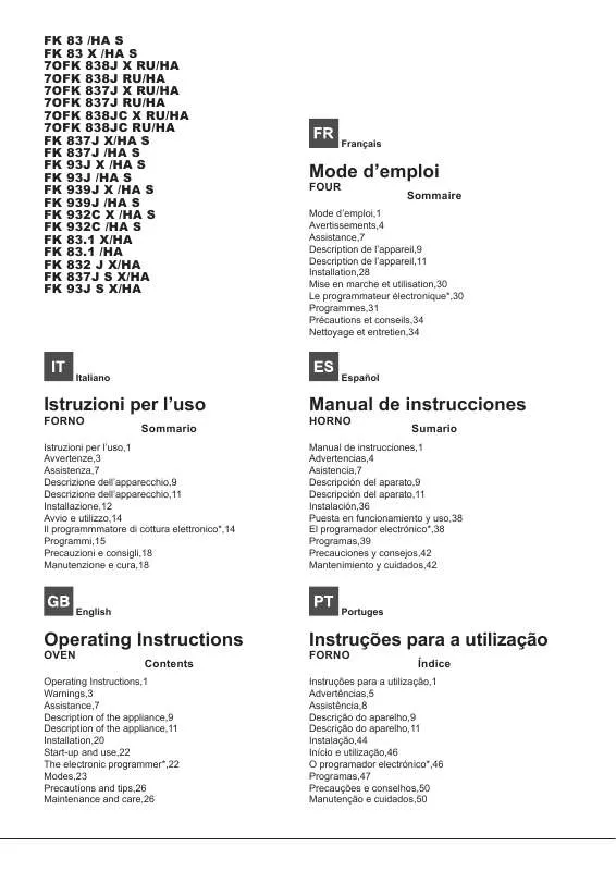 Mode d'emploi HOTPOINT FK 837J S X/HA