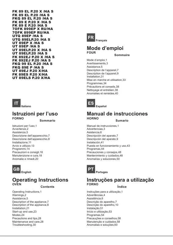 Mode d'emploi HOTPOINT FK 89E P.20 X/HA S