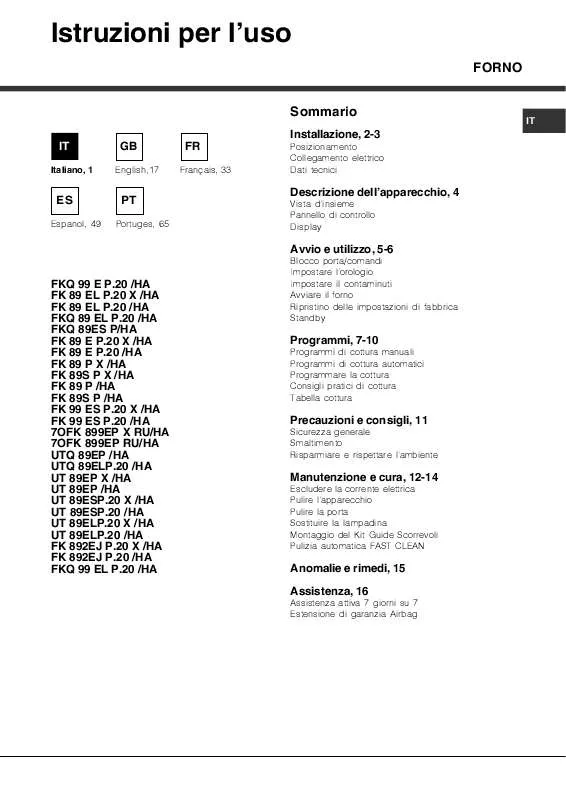 Mode d'emploi HOTPOINT FK 89E P.20 X/HA