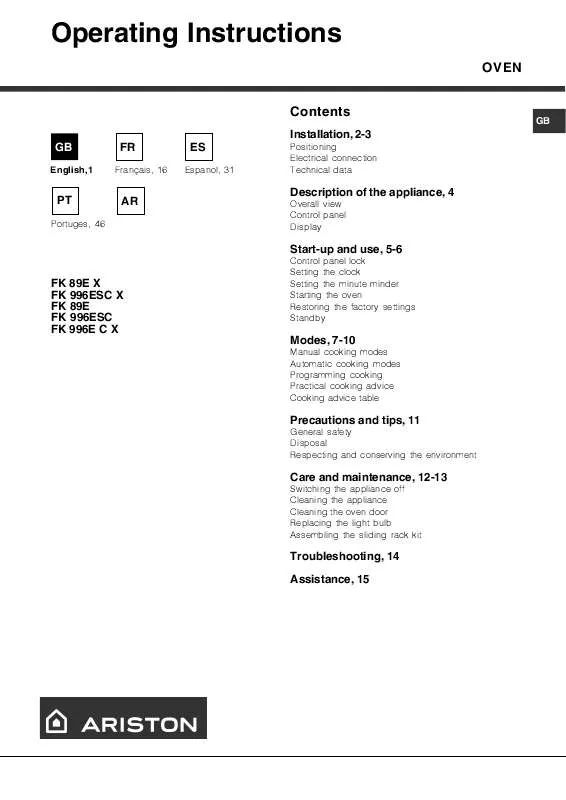 Mode d'emploi HOTPOINT FK 996E C X