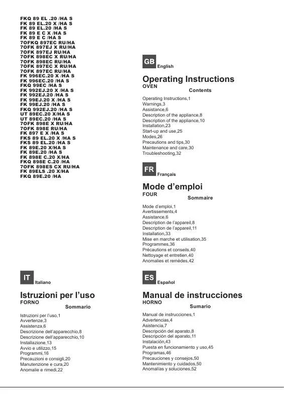 Mode d'emploi HOTPOINT FKS 89 EL .20 X/HA S