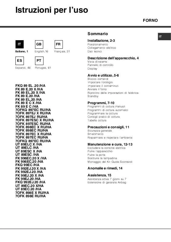 Mode d'emploi HOTPOINT FKS 89 EL .20 X/HA