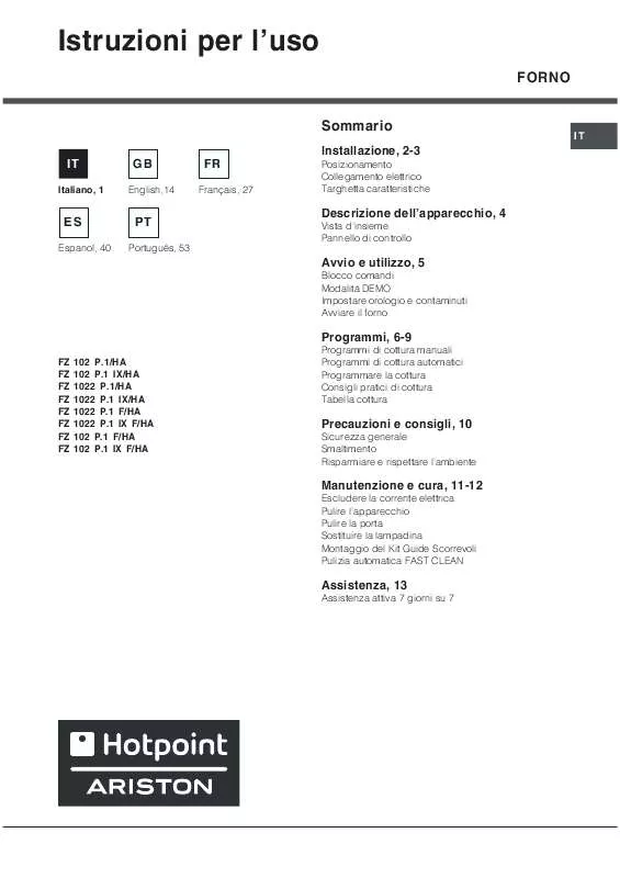 Mode d'emploi HOTPOINT FZ 102 P.1 IX/HA