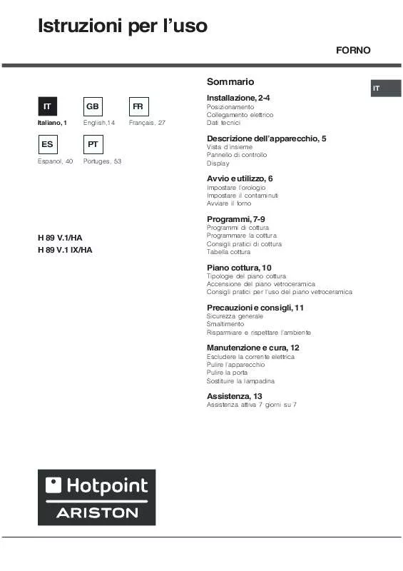 Mode d'emploi HOTPOINT H 89 V.1 IX/HA