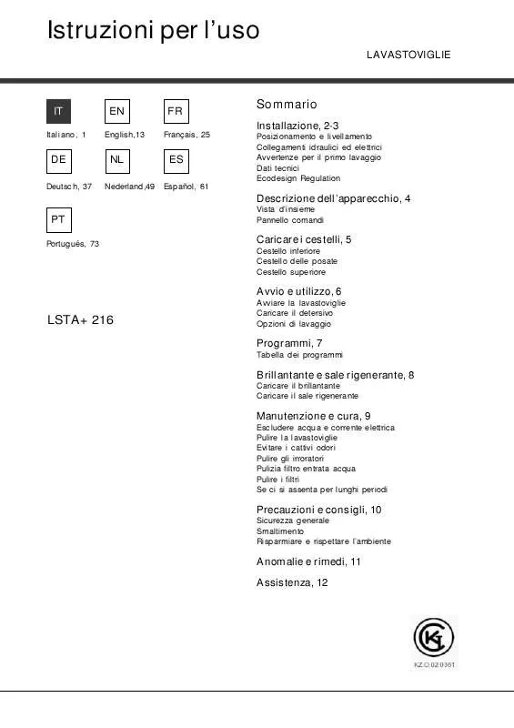 Mode d'emploi HOTPOINT LSTA 216 A/HA