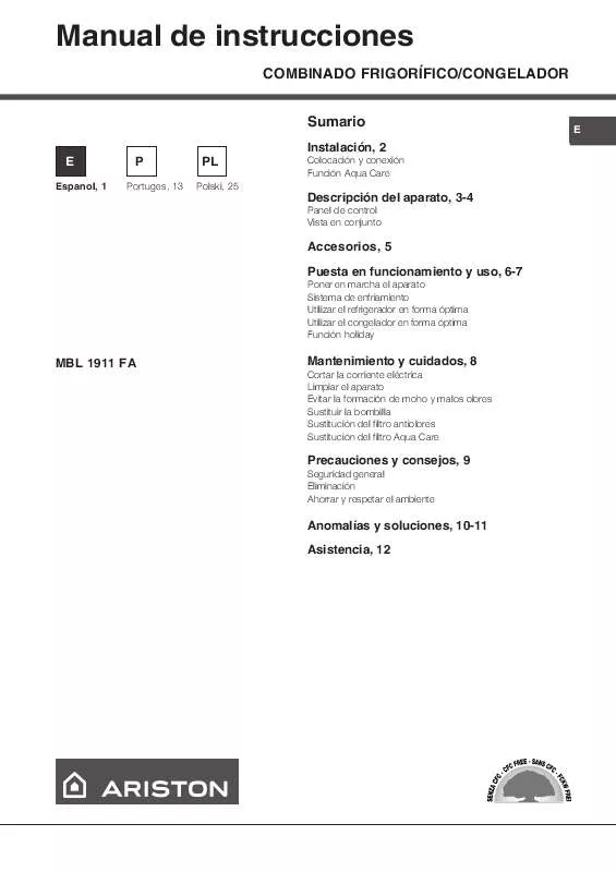 Mode d'emploi HOTPOINT MBL 1911 FA