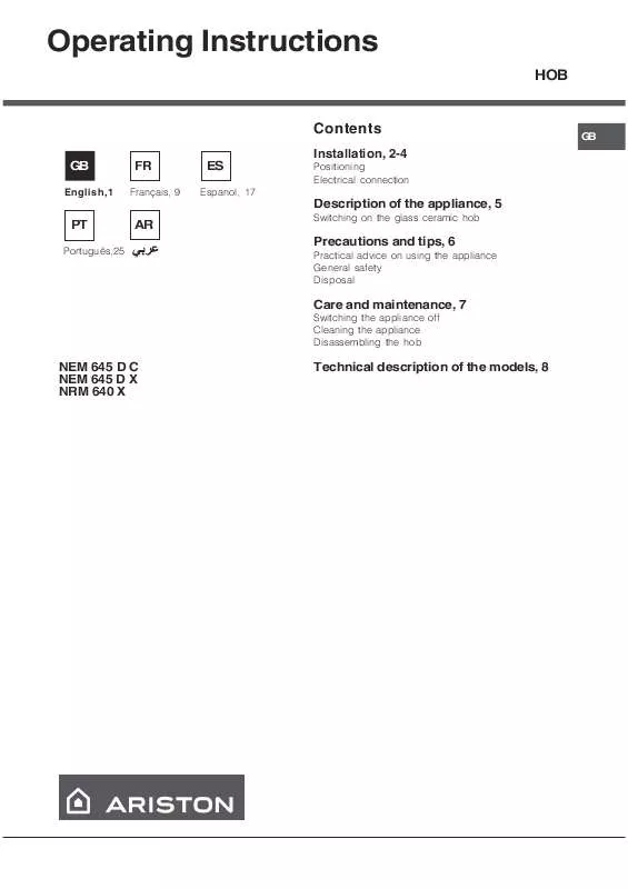 Mode d'emploi HOTPOINT NEM 645 D C