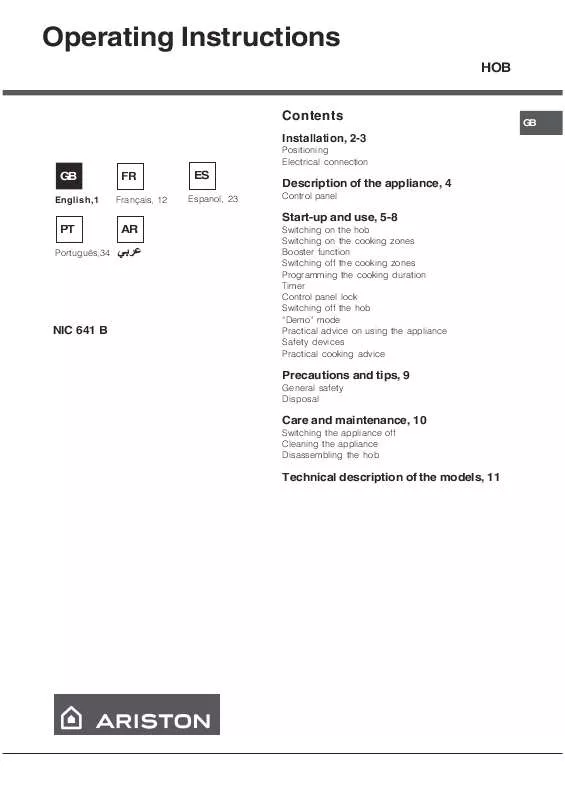 Mode d'emploi HOTPOINT NIC 641 B